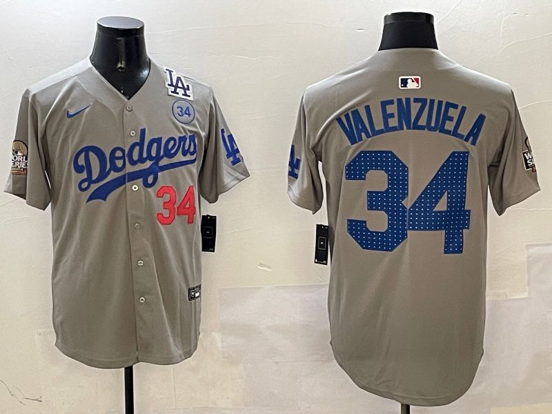 Men Los Angeles Dodgers #34 Valenzuela Grey Blue Fashion Game 2025 Nike MLB Jersey style 3261->los angeles dodgers->MLB Jersey